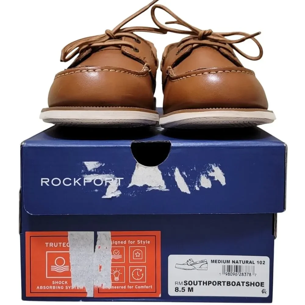 Rockport Men South Port Boat Shoes Size US 8.5M Medium Natural Brown Leather